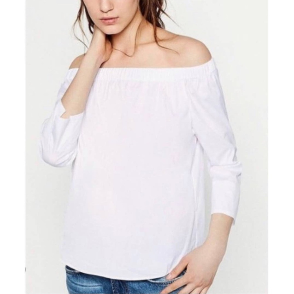 ZARA Off the Shoulder Woven Poplin Top Medium White